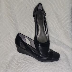 Life Stride Black Wedge Heels with Glossy Finish